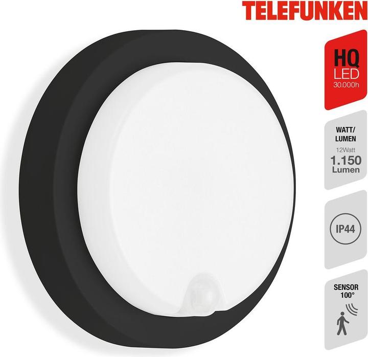 Actual product image Telefunken LED outdoor light, sensor, black, 1xLED board (1250 lm, IP44)