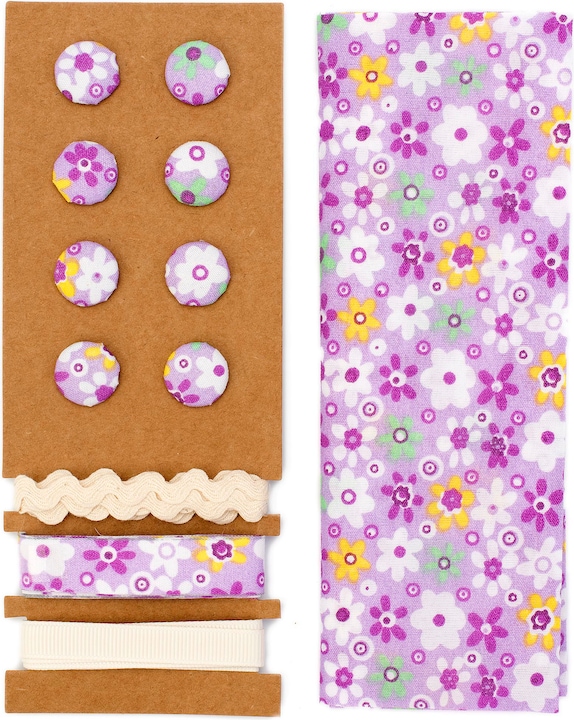 Produktbild Glorex Textil-Set lila Blumen 48x48cm Bänder 3x1m 8 Knöpfe