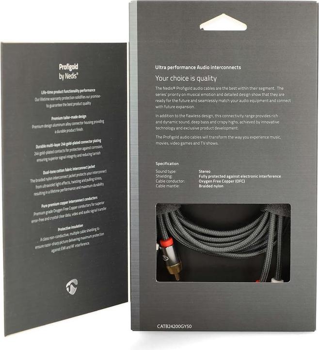 Actual product image Nedis Stereo Audio Cable 2X RCA Plug 2X RCA Plug Gold Plated 5.00 m Round Grey / Gun Metal Grey Ve (5 m, Cinch)
