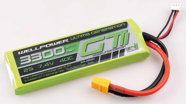 Actual product image Wellpower LIPO ULTIMA GT II rechargeable battery 3300 mAh / 7.4 Volt 2S 40/80C CH5/8 XT-60 (7.40 V, 3300 mAh)