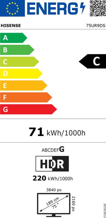 Energie-Label Hisense TV 75UR9DS 75" RGB Mini LED 4K (75", QD-Mini-LED, 4K, 2026)