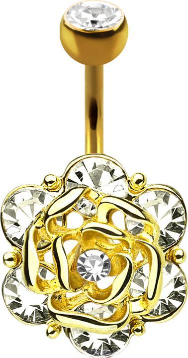 Image du produit Star Piercing Banane plaquée or 14k avec boule de cristal argenté fleur avec six cristaux (Laiton, Acier chirurgical 316L)