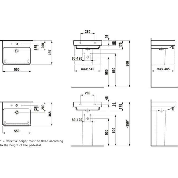 Thumbnail - Laufen, Waschbecken, Waschtisch PRO S Spezialausf o ÜL 1 HL-Ausf. 550x465mm we (465 mm, 550 mm)