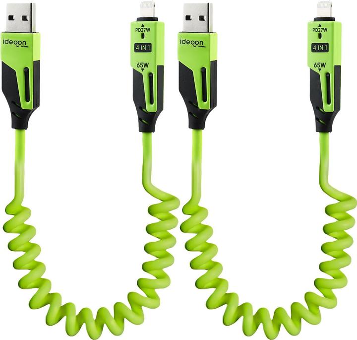 Image du produit Ideoon 2er-Set 4in1 Spiral Ladekabel, USB-C & Lightning, grün, 65 W (1.50 m, 65 W)