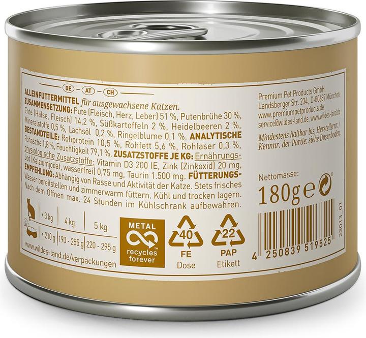 Nährwerte und Zutaten Wildes Land Nassfutter Ragout Ente & Pute 6 x 180 g (Adult, 6 Stk., 180 g)
