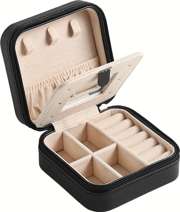 Only-Bags.Store 1 Stück Mini-Reise-Schmuck-Organizer im klassischen Stil mit Spiegel, 3-lagiger Aufbewahrungskoffer