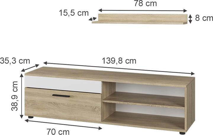 Produktbild Vicco Lowboard & Regal Berno, Sonoma/Weiss, mit 1 Klappe