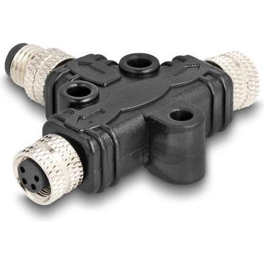 Delock Connettore a T M8 con codice A da 4 pin a 2 x presa in parallelo, Cavo + Spina elettrica, Nero