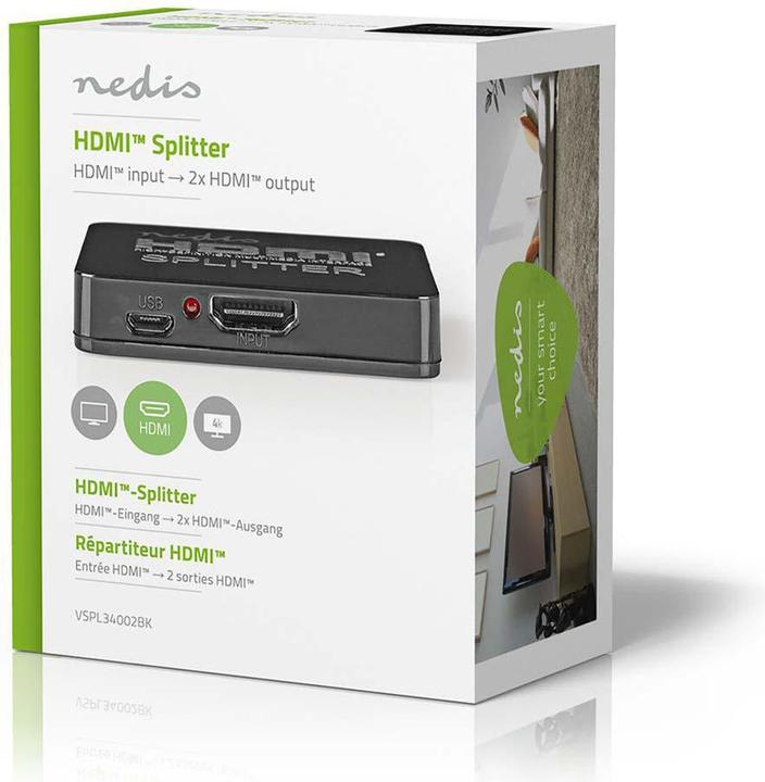 Actual product image Nedis HDMI T Splitter 2-Port Port(s) HDMIT Input 2X HDMIT Output 4K@30Hz 2.25 Gbps ABS / PVC Black