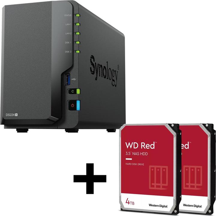 Productafbeelding Synology DiskStation DS224+ 2-bay NAS server lege behuizing + 2x WD Red SATA 3,5" HDD 4TB harde schijf (2 x 4 TB, WD Rood)