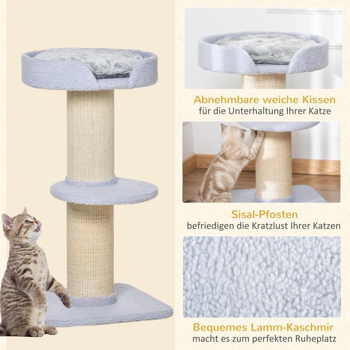 Produktbild PawHut Kratzbaum mit Plattform (91 cm, Hellgrau, Blau)