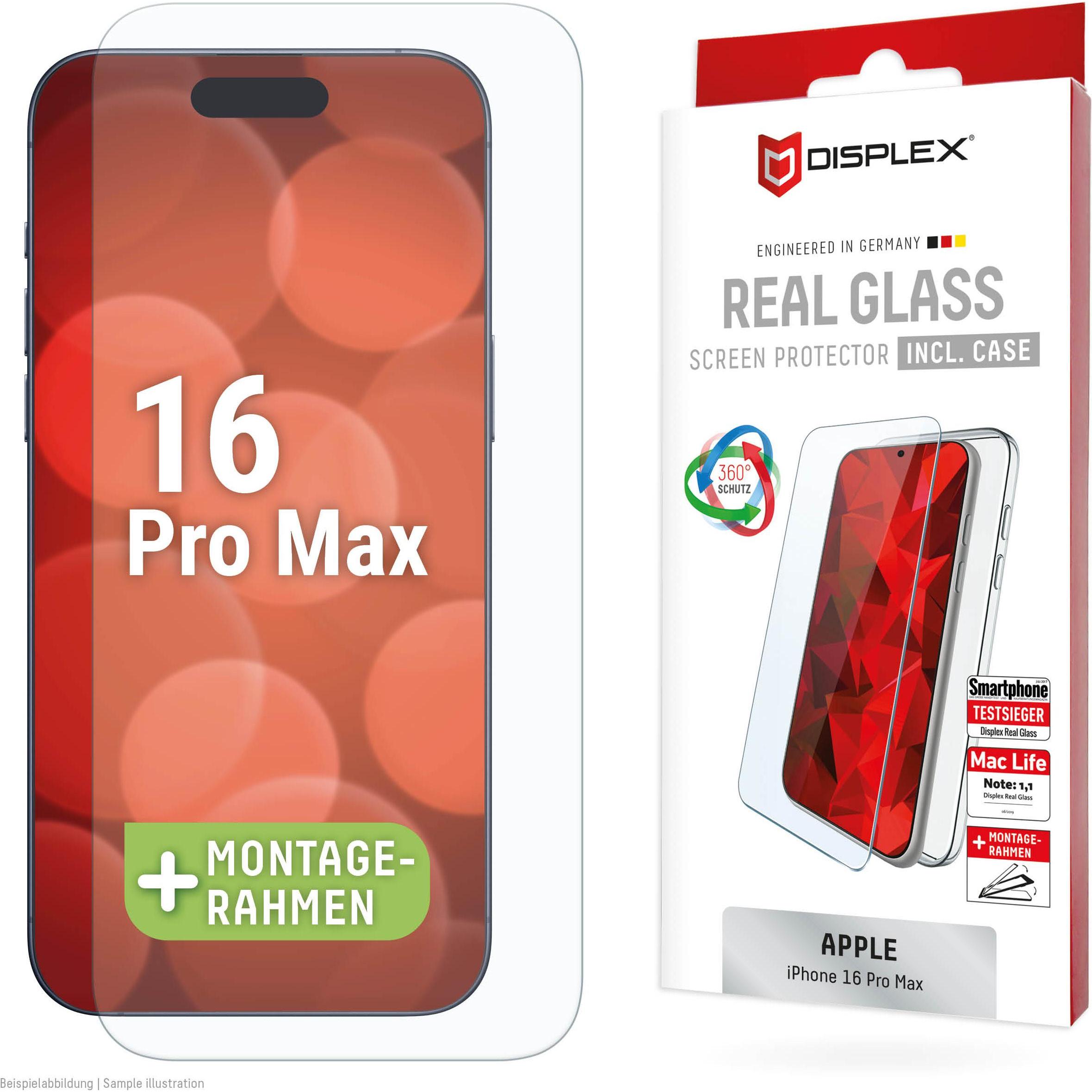 Displex Real Glass, 2D Panzerglas + Handyhülle (1 Stück, Apple iPhone 16 Pro Max), Smartphone Schutzfolie, Transparent