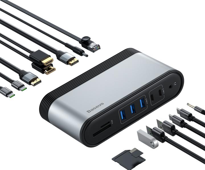 Actual product image Baseus Working Station Four-Screen Multifunctional Type-C HUB AdapterUS+EU+UK)Dark gray (USB-C, 16 ports)