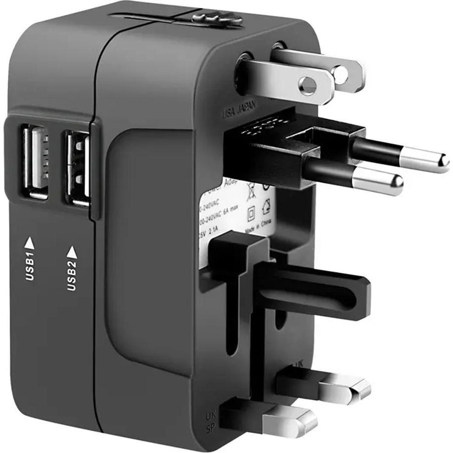 Techsuit, Adattatore da viaggio, - Travel Adapter (HHT202) - 2 x USB, EU, UK, AUS, US - Black