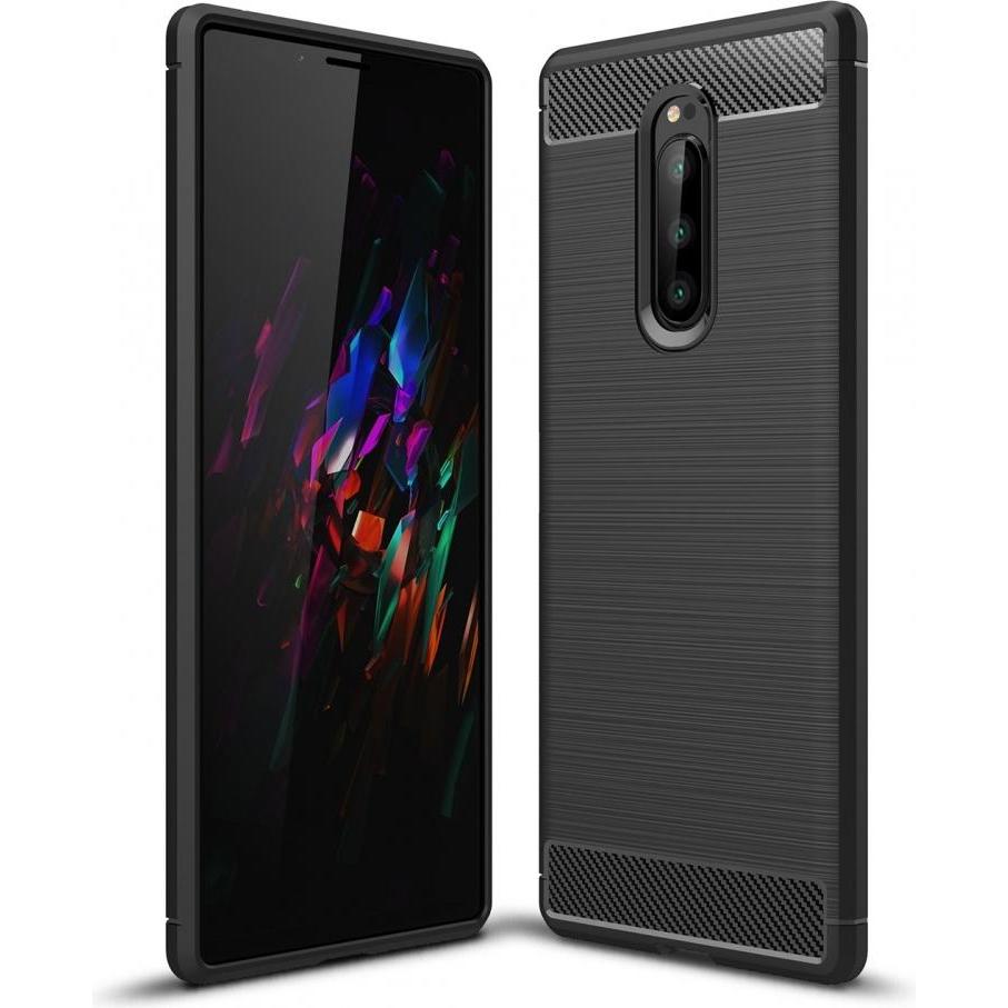 Screenguard Sony Xperia 1 Hülle Carbon Brushed Soft TPU (Sony Xperia 1), Smartphone Hülle, Schwarz