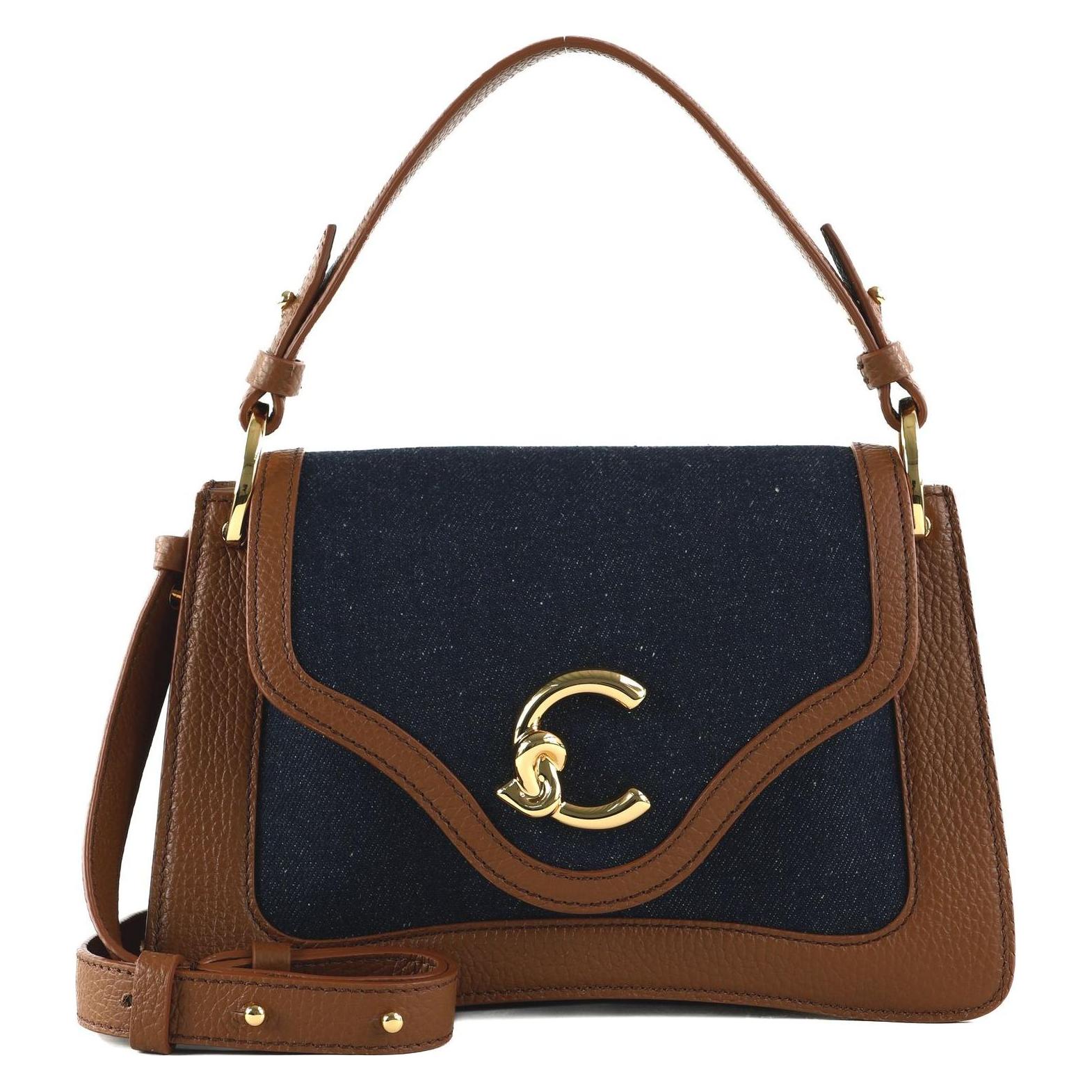 Coccinelle, Damen, Handtasche, C-Me Denim Handbag Grainy Leather, Blau, Braun