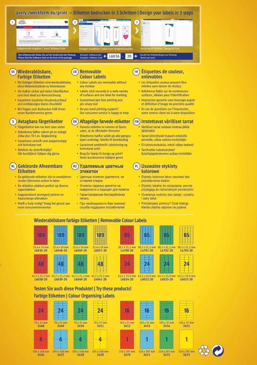 Nährwerte und Zutaten Avery Etiketten removable adhesive