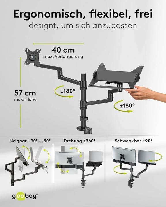 Actual product image Goobay Deluxe monitor mount with laptop arm, black (Ground, 32", 8 kg)