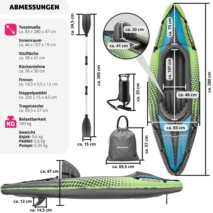 tectake Kayak gonflable Liberty, kit complet avec sac de transport (1 pers.)