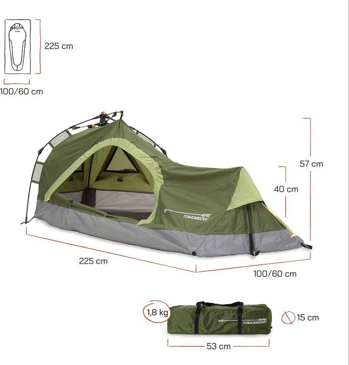 Image du produit Where Tomorrow Tente 1 personne Triangle 225 cm x 100 cm, Vert (2 kg, 1 personne)