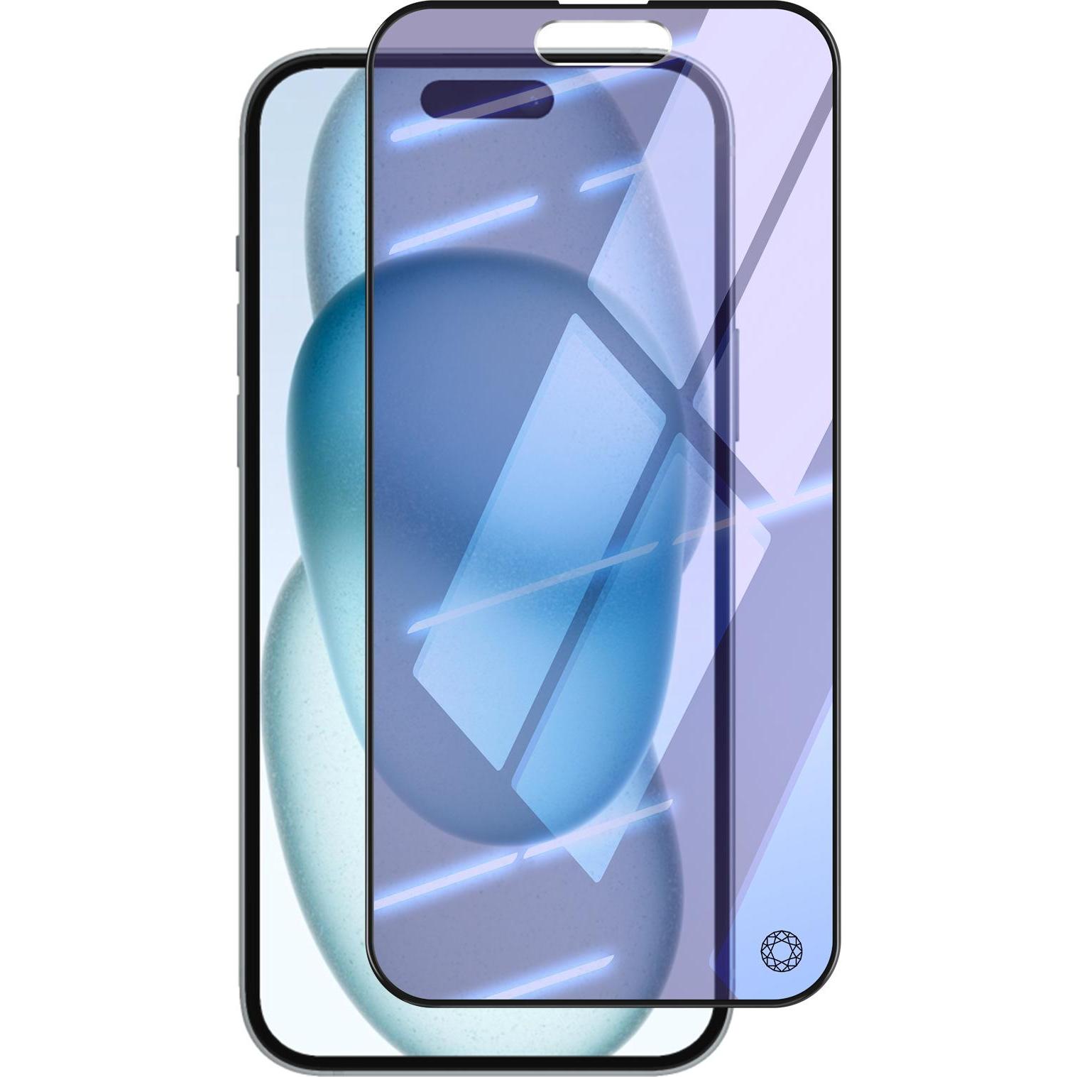 Bigben Connected Glas-Folie 2.5D Blaulichtfilter (1 Stück, Apple iPhone 15), Smartphone Schutzfolie, Blau, Schwarz