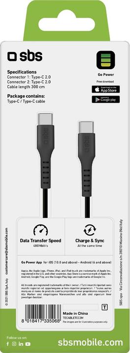 Immagine prodotto SBS Cavo dati e ricarica da USB-C a USB-C (3 m, USB 2.0)