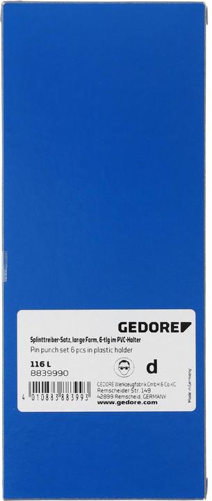 Image du produit Gedore Jeu de chasse-goupilles avec support PVC, 6 pièces, forme longue, acier/peinture, argent/cuivre