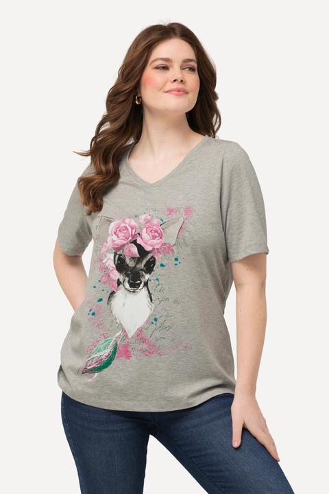 Immagine prodotto Ulla Popken T-shirt classica con caprioletto, fiori, scollo a V e mezze maniche (46, 48)