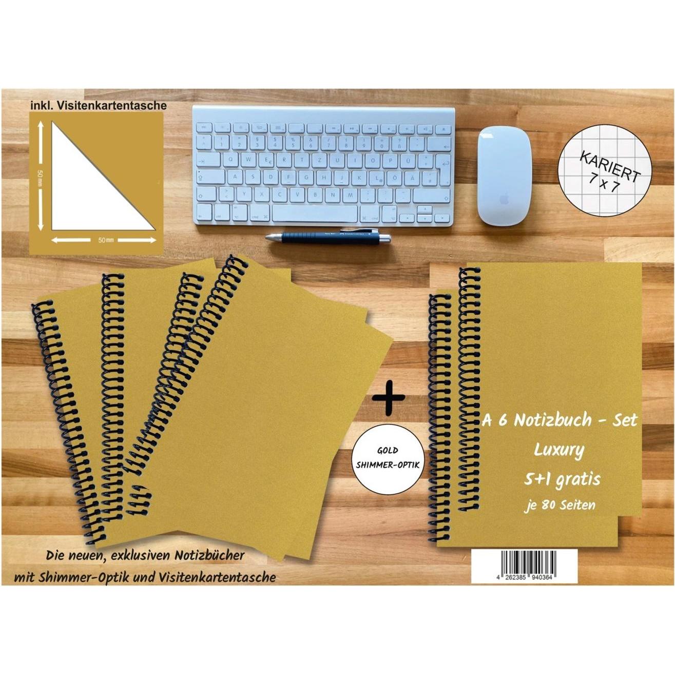 Thumbnail - E & Z, Heft + Block, A 6 Notizbuch - Set, 4+2 gratis, Luxury 80 Seiten GOLD GMUND SHIMMER, kariert 7x7mm (A6, Kariert)