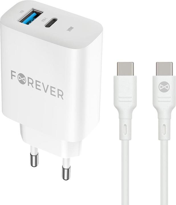 Forever TC-07 PD QC charger 1x USB-C 1x USB 30W white + USB-C - USB-C cable 60W (30 W, 2 ports)