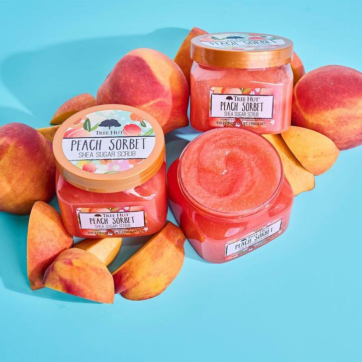 Actual product image Tree Hut Peach Sorbet Shea Sugar Scrub 18 oz Ultra Hydrating Exfoliating Nourishing Essential Body C