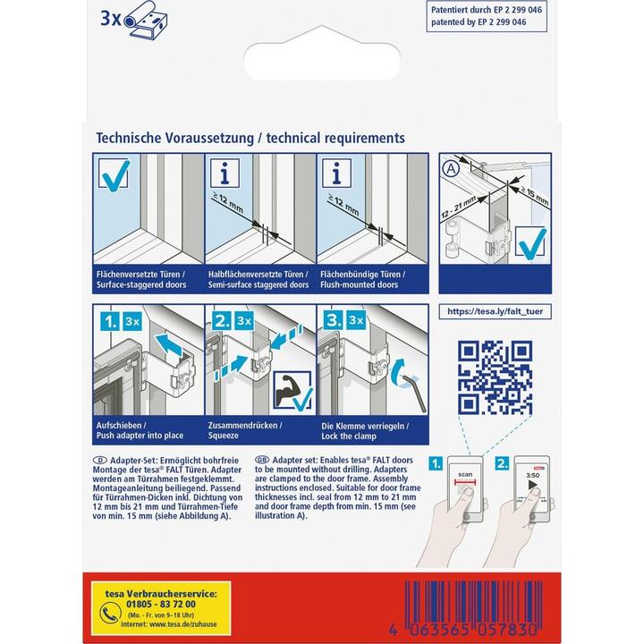 Produktbild tesa FALT Insektenschutz Adapter für Türen, Tür-Klemme für die Montage ohne Bohren oder Schrauben (4 x 11 x 15 cm)