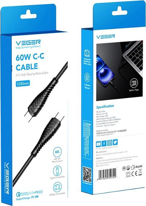Produktbild Veger Cable cable Type to Type C PD 3A 60W V106 1,2 m black (1.20 m, USB 2.0, 60 W)