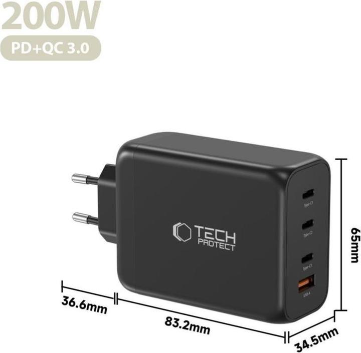 Image du produit Tech-Protect NC200W-GAN 4-PORT NETZLADEGERÄT PD 200W / QC3.0 SCHWARZ (200 W, 4 ports)