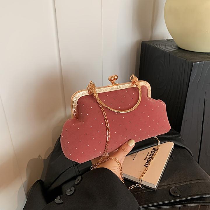 Produktbild Only-Bags.Store Elegante Samt Abend Clutch mit Kiss Lock - Vintage-inspirierte Kette Crossbody Bag, perfekt für