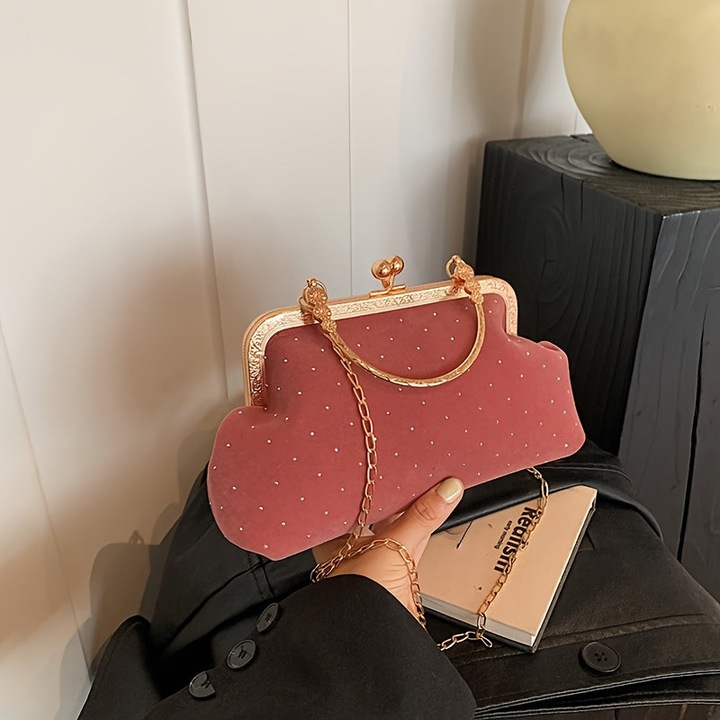 Only-Bags.Store Elegante Samt Abend Clutch mit Kiss Lock - Vintage-inspirierte Kette Crossbody Bag, perfekt für