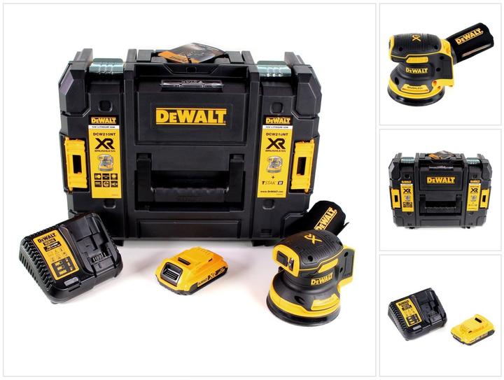 1x levigatrice rotorbitale a batteria DeWalt DCW 210 NT, 1x batteria DeWalt DCB 183 Li-Ion 18 V 2.0 Ah, 1x caricabatterie DeWalt DCB 113, 1x sacchetto per la polvere, 1x T-STAK Box II
