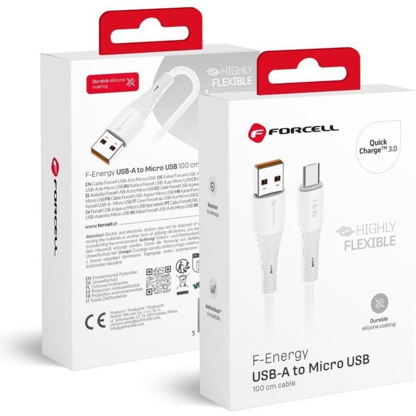 Forcell Cable F-ENERGY C341 cable USB A to Micro USB QC3.0 2,4A 18W Silicone 1 m white (1 m, USB 2.0, 18 W), Cavo USB