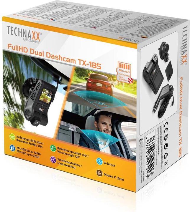Produktbild Technaxx FullHD Dual Dashcam "TX-185" (GPS-Empfänger, Eingebaute Anzeige, Eingebautes Display, Eingebautes Mikrofon, Akku, Nachtsicht, Beschleunigungssensor, WLAN, Full HD)