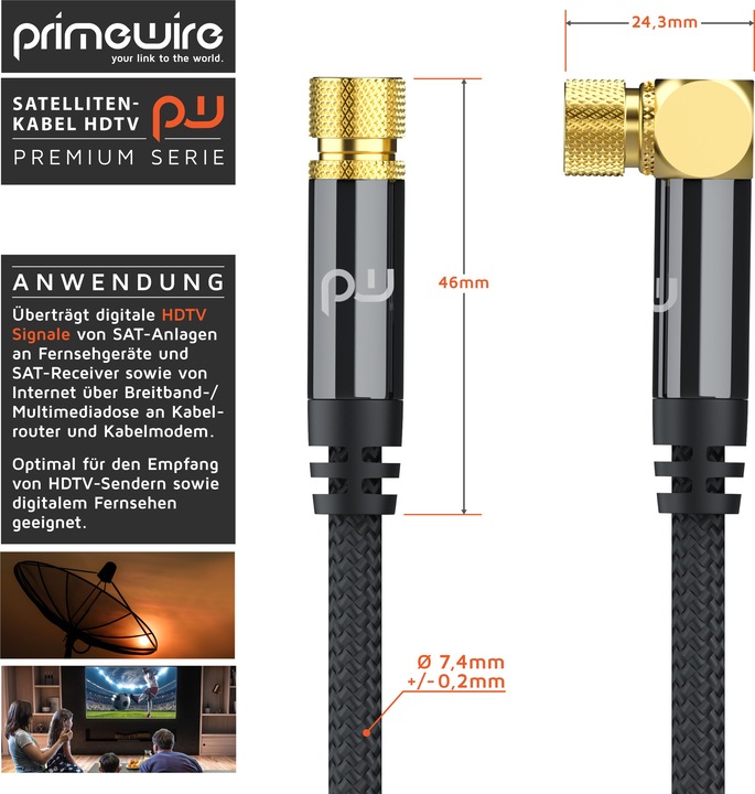 Actual product image Primewire HDTV satellite cable angled with fabric sheathing, SAT cable, 135dB 75 Ohm 4k, F connector, black (135 dB, Antenna cable)