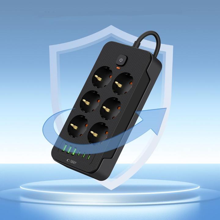 Actual product image Tech-Protect PC6X6 Power Strip 6 Sockets 240V + 3xUSB-A + 3xUSB-C 200cm - Black (3 x, USB-A, USB-C, 2 m)
