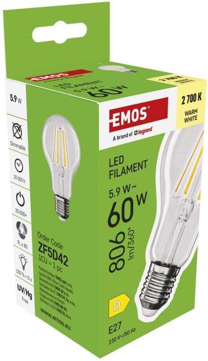 Immagine prodotto Emos Lampada LED a filamento A60 / E27 / 5,9 W (60 W) / 806 lm / Bianco caldo (E27, 5.90 W, 806 lm, 1 x, D)