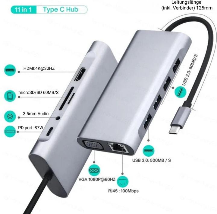 Immagine prodotto Hermex Docking station Hub multi USB USB-C 11in1 USB-A HDMI microSD/SD RJ45 AUX VGA (USB-C, 11 porte)