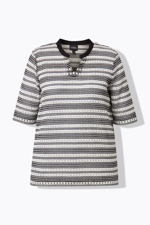 Actual product image Ulla Popken Openwork Striped Short Sleeve Split Neck Top (60)