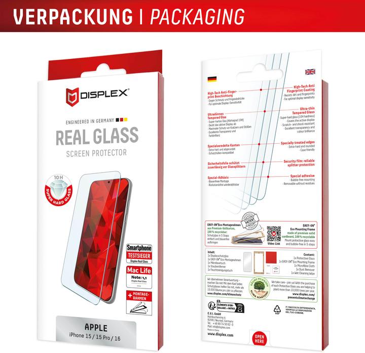 Produktbild Displex Real Glass, 2D Panzerglas (1 Stk., Apple iPhone 15, Apple iPhone 15 Pro, Apple iPhone 16)