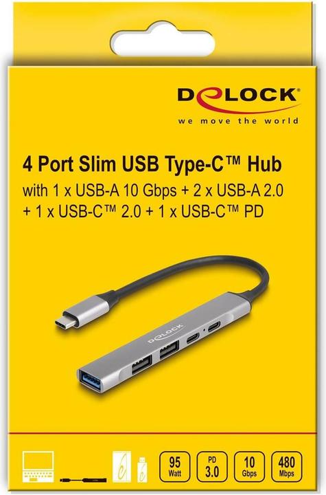 Produktbild Delock 4 Port Slim USB Type-C™ Hub mit 1 x USB 10 Gbps Typ-A + 2 x USB 2.0 Typ-A + 1 x USB 2.0 USB Type-C™ (USB-C, 4 Ports)