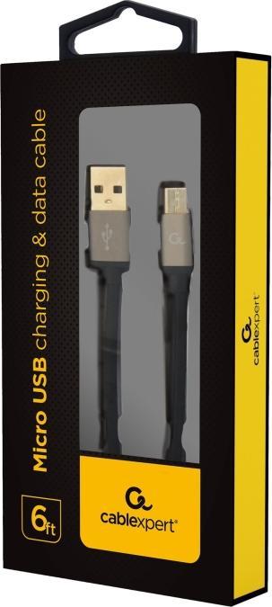 Produktbild Gembird ! Baumwolle geflochtenes Micro-USB-Kabel / 1,8 m / schwarz (1.80 m, USB 2.0)