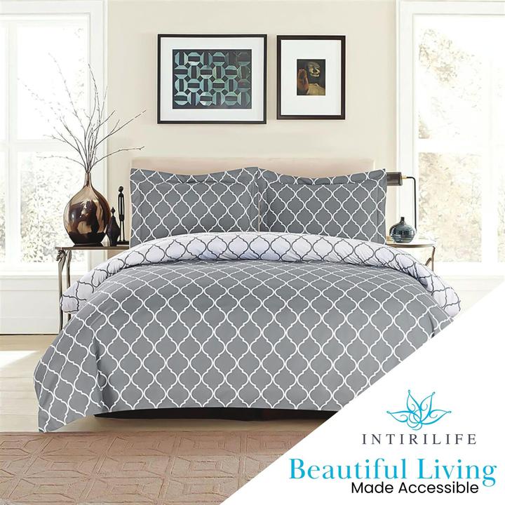 Produktbild Intirilife Bettbezug Kissenbezug in GRAU WEIss (Duvetbezug, 135 x 200 cm)