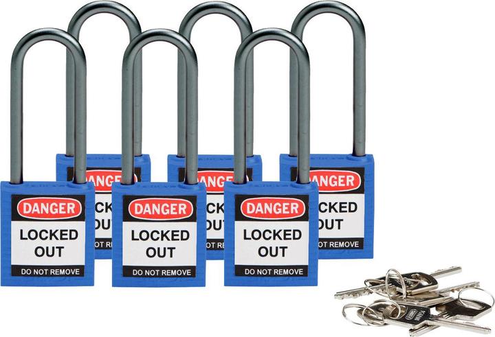 Produktbild Brady kompaktes Sicherheitsschloss Nylon, Blau, 50mm Bügelhöhe, 4.7mm Aluminium-Schliessbügel (Keye