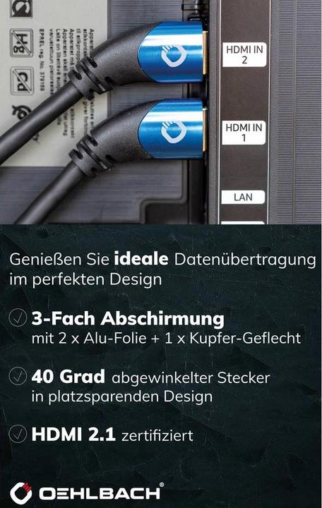 Produktbild Oehlbach HDMI AV Anschlusskabel (1x HDMI-Stecker - 1x HDMI-Stecker) 1 m Schwarz (1 m, HDMI, 2.1)